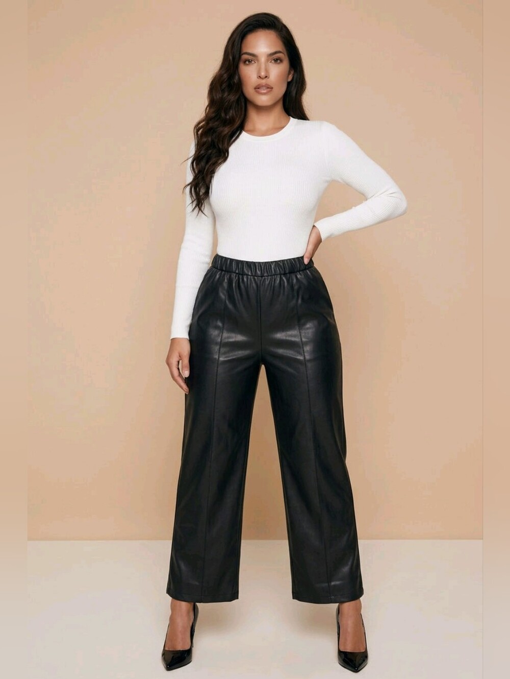 Susan Graver SZ M Black Faux Leather Pull On Wide Leg Crop Pants Rebellious Moto